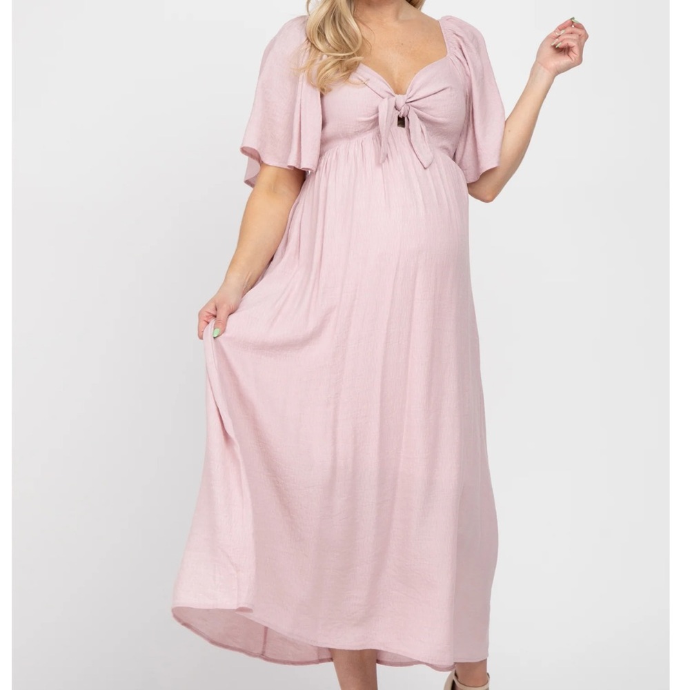 Pink Blush Light Pink Front Tie Ruffle Sleeve Maternity Midi Dress
